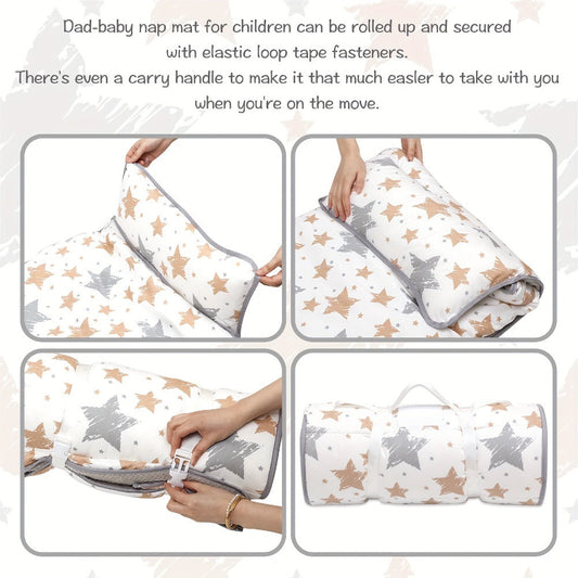Toddler Nap Mat with Removable Pillow & Minky Blanket, Rollup Kids Sleeping Mat for Daycare Preschool, Portable Toddler Sleeping Bag for Travel Camping, Star Pattern