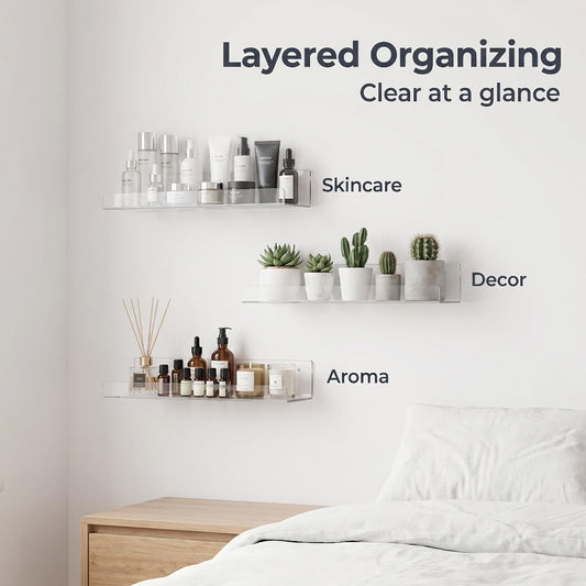 Acrylic Floating Wall Shelves - Clear Display Shelf Organizer for Bathroom, Bedroom, Living Room & Kitchen, 15x4 Inch Wall Mounted Storage Bookshelf, Set of 4/8/16 Pack Room Decor