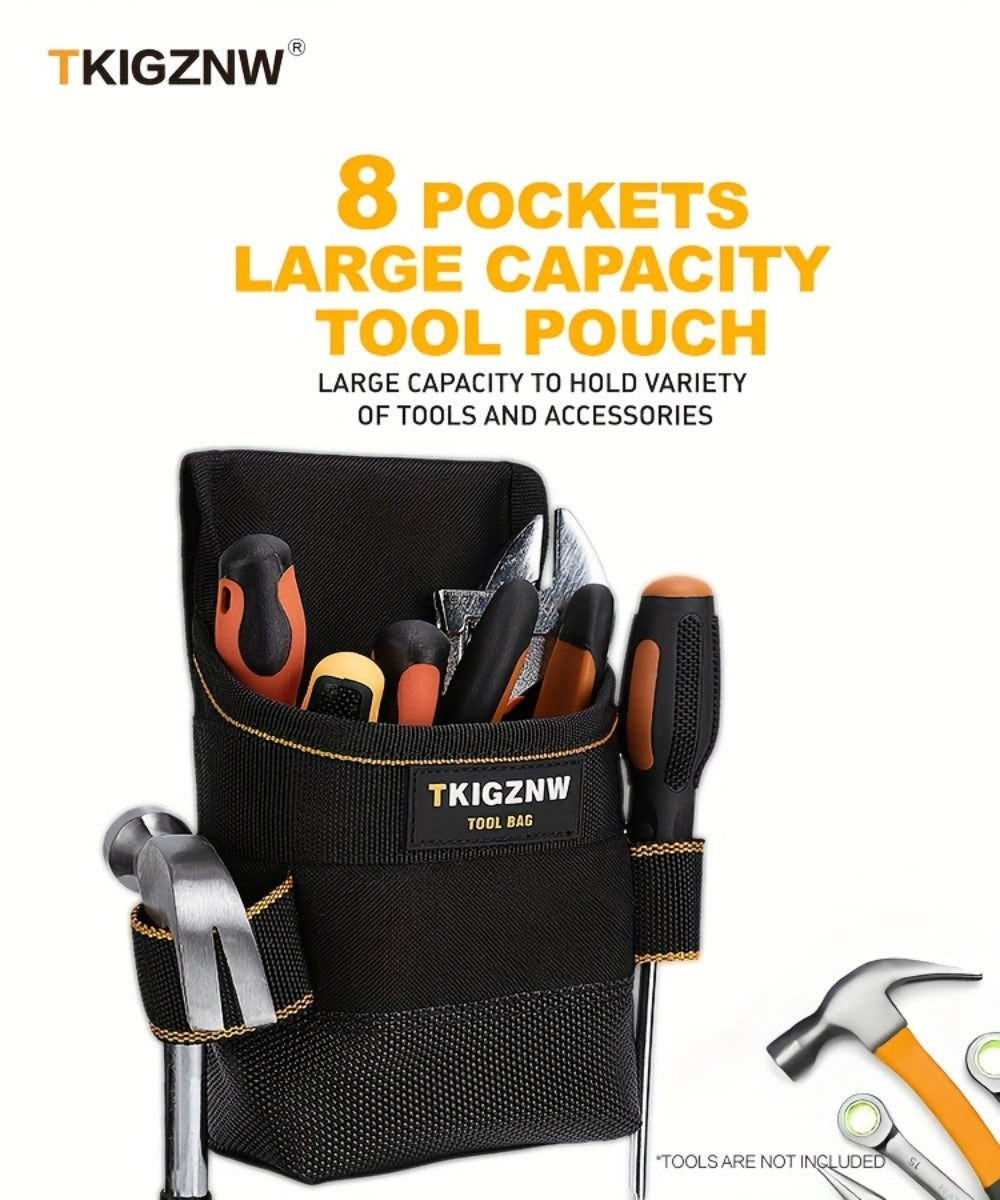 Black Tool Belt Pouch with Adjustable Waist Strap, Zipper Pocket and Multi-Compartment Layout
