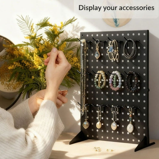 Pegboard Jewelry Display Stand with 12 Removable Peg Hooks Countertop Jewelry Organizer Rack Freestanding Iron Hole Board Display Tower for Necklace Earring Bracelet Ring Accessories Black White