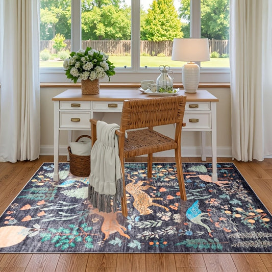 Area Rug 8x10 Ft Soft Non-Slip Machine Washable Large Floor Rug with Floral Forest Animal Patterns for Living Room Bedroom Home Decor – Durable Easy Clean Indoor Carpet