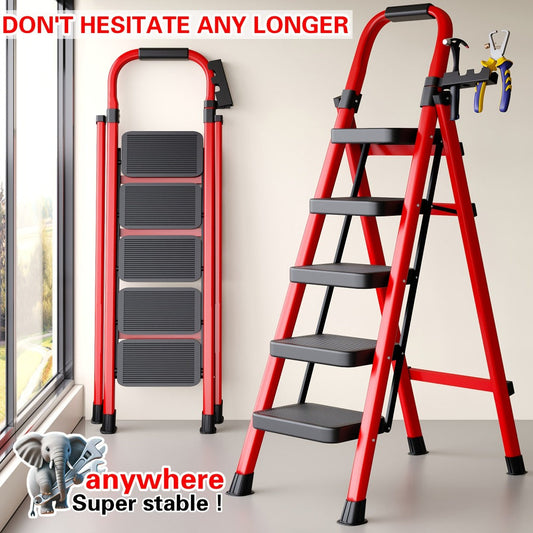 Folding Step Ladder 3 5 Step 500 lb Heavy Duty Steel Anti-Slip Wide Treads Handrail Safety Lock Portable Multi-Function Step Stool for Home Kitchen Garage Outdoor Black Red