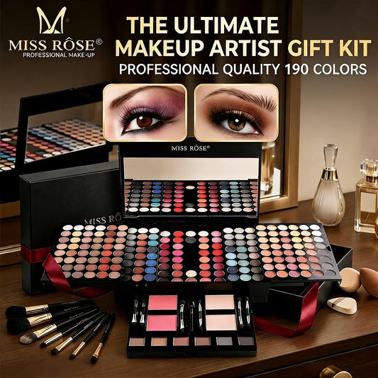 Makeup Palette Kit 190 Colors 4-in-1 Full Face Set – Eyeshadow Blush Powder & Eyebrow with 8 Professional Brushes & Mirror, Shimmer & Matte Shades, Complete Makeup Kit for Women Girls & Beginners