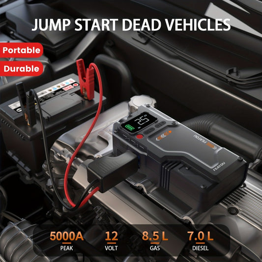 Jump Starter with Air Compressor 5000A/7000A Peak – 150PSI Digital Tire Inflator, Portable Battery Pack for 10L Gas & Diesel, Quick Charge USB & LED Emergency Light