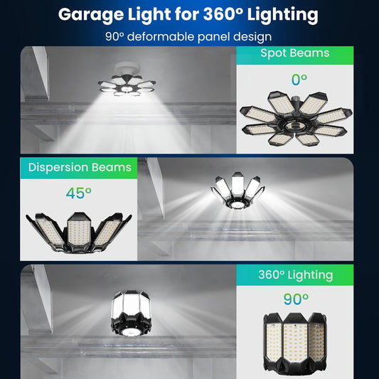 LED Garage Lights 25000LM Deformable – 250W Equivalent E26/E27 Screw-In Ceiling Shop Light with 6+1 / 8+1 Adjustable Panels for Garage, Basement, Attic & Warehouse (1, 2 or 4-Pack)