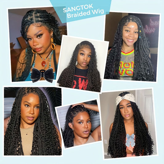 Box Braids Wig for Women 48 Inch Full Lace — Bohemian Braided Wig with Boho Curls, Black Lace Front Braid Wig for Halloween Cosplay Festival Party Protective Style