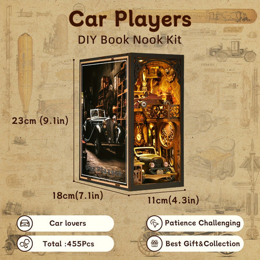 Book Nook Kit DIY – Car Players 3D Wooden Bookshelf Insert with LED Light, Vintage Alley Miniature Scene, Creative Craft Model Building Set, Unique Birthday Gift for Book Lovers Adults Teens