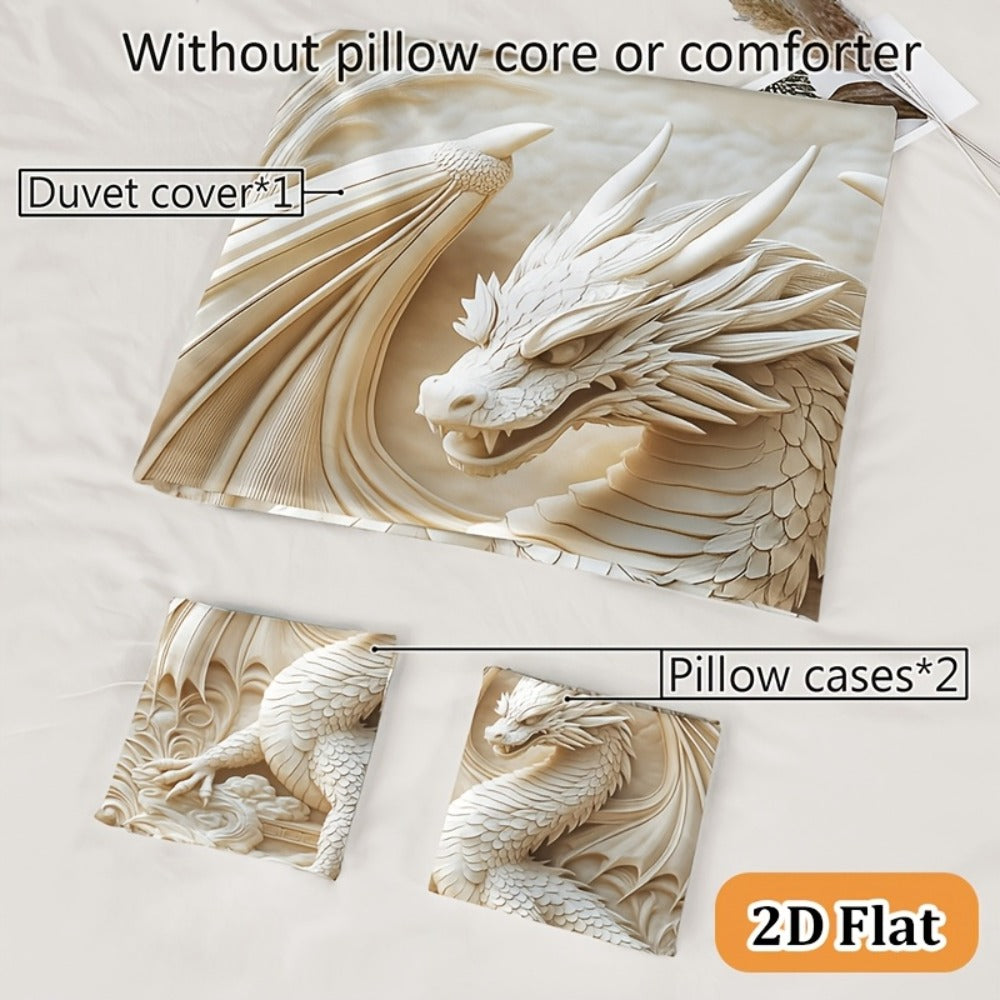 3-Piece Duvet Cover Set with Ivory Coiled Dragon Print, Ornate Carved-Look Artwork and Four Sizes