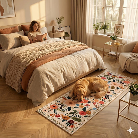 Area Rug Bohemian Floral Plush Runner with Four Machine-Washable Sizes for Bedroom or Kitchen
