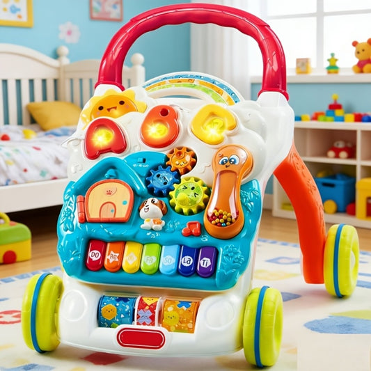 Sit to Stand Baby Push Walker 2-in-1 Adjustable Speed Learning Walker Detachable Play Panel 7-Mode Piano Light-Up Buttons Sound Effects | Infant Walking Toy for Boys Girls | Baby Shower Birthday Gift
