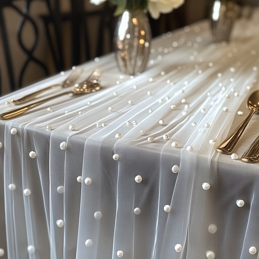 Three-Piece White Pearl-Beaded Tulle Table Runner Set, 2.5 x 9.8 Feet Each for Event Tables
