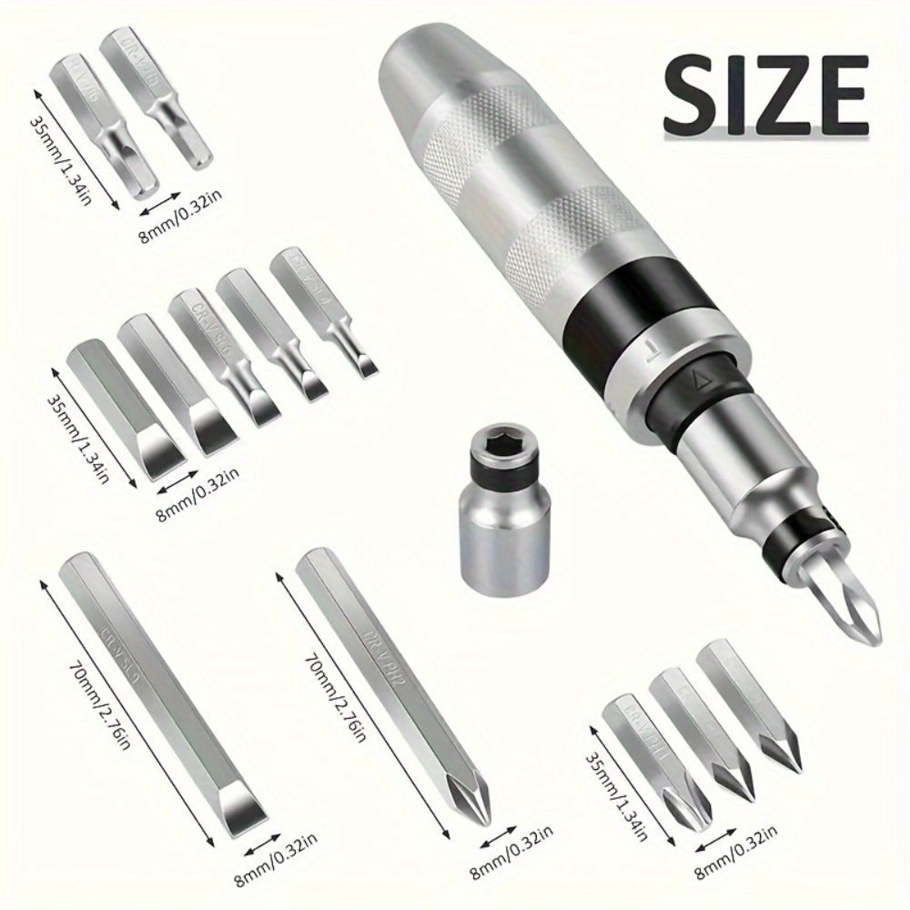 Thirteen-Piece Manual Impact Screwdriver Set with Reversible Driver, Chisel Bits and Screw Extractors