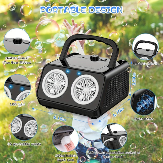 Automatic Bubble Machine Plug-in or Battery Operated – Dual Fan 20000+ Bubbles Per Minute, Indoor Outdoor Bubble Blower for Kids Birthday Party, Portable Bubble Maker with 14 Modes for Boys Girls