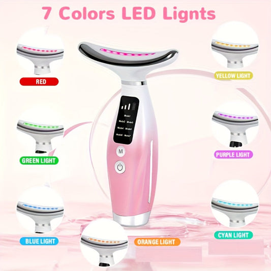 LED Light Therapy Face Neck Shoulder Massager 7-Color USB Rechargeable Multiple Adjustable Modes Facial Beauty Instrument Collagen Boost Skin Rejuvenation Anti-Aging Device for Women