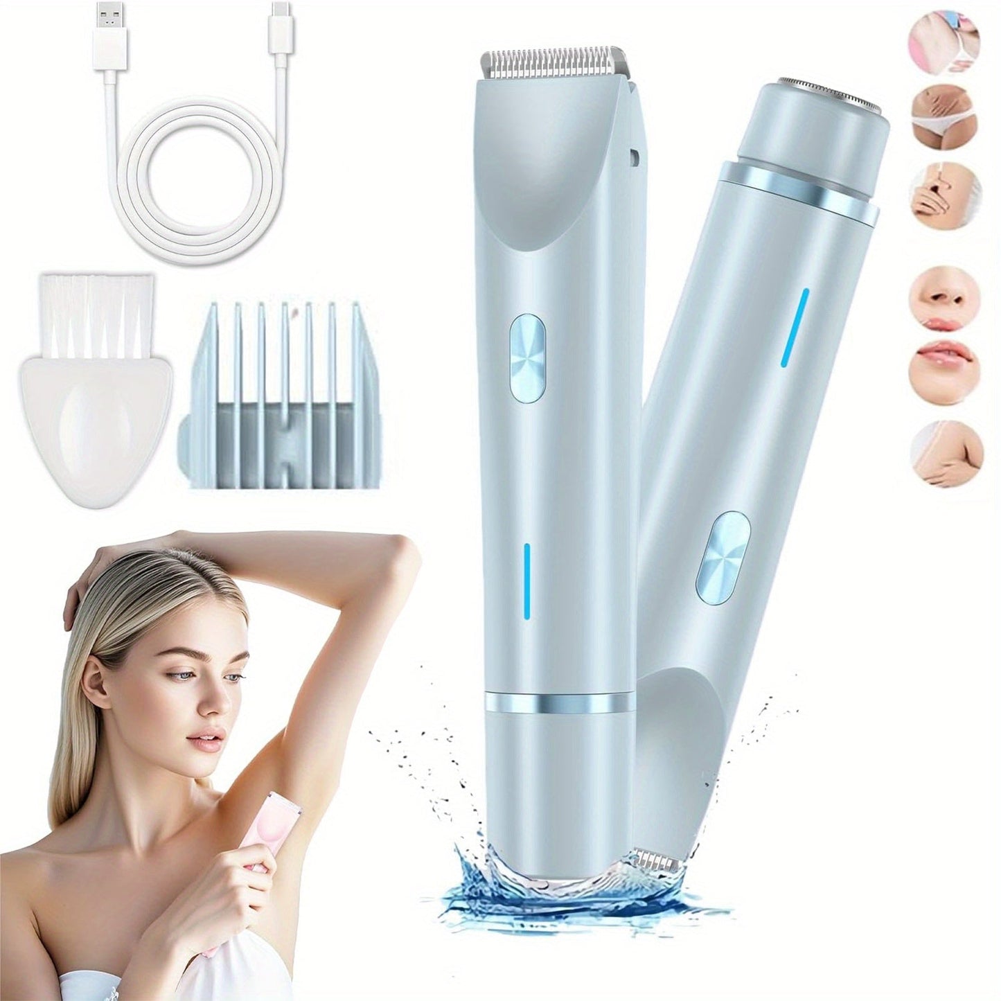 Two-Head Electric Hair Shaver with Foil and Rotary Attachments, Type-C Charging in Pink, Purple or Blue