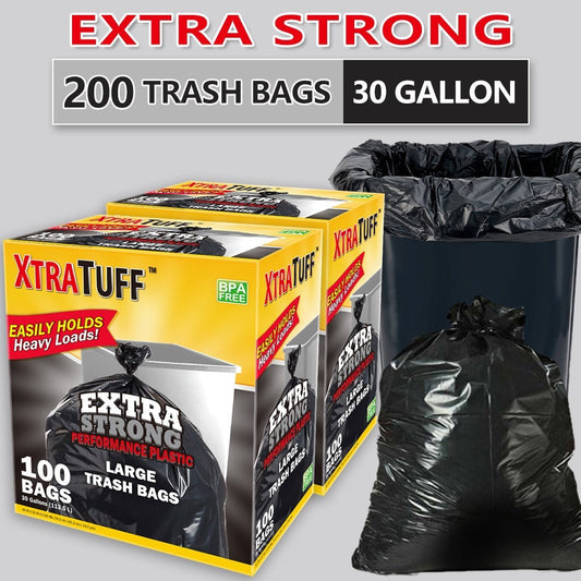 30 Gallon Trash Bags 200 Count – Black Large Garbage Bags, Ultra Strong Leak-Proof, 113.5L Heavy Duty Bags for Kitchen, Industrial, Garden & Commercial Use, 4 Rolls / 2 Boxes Value Pack