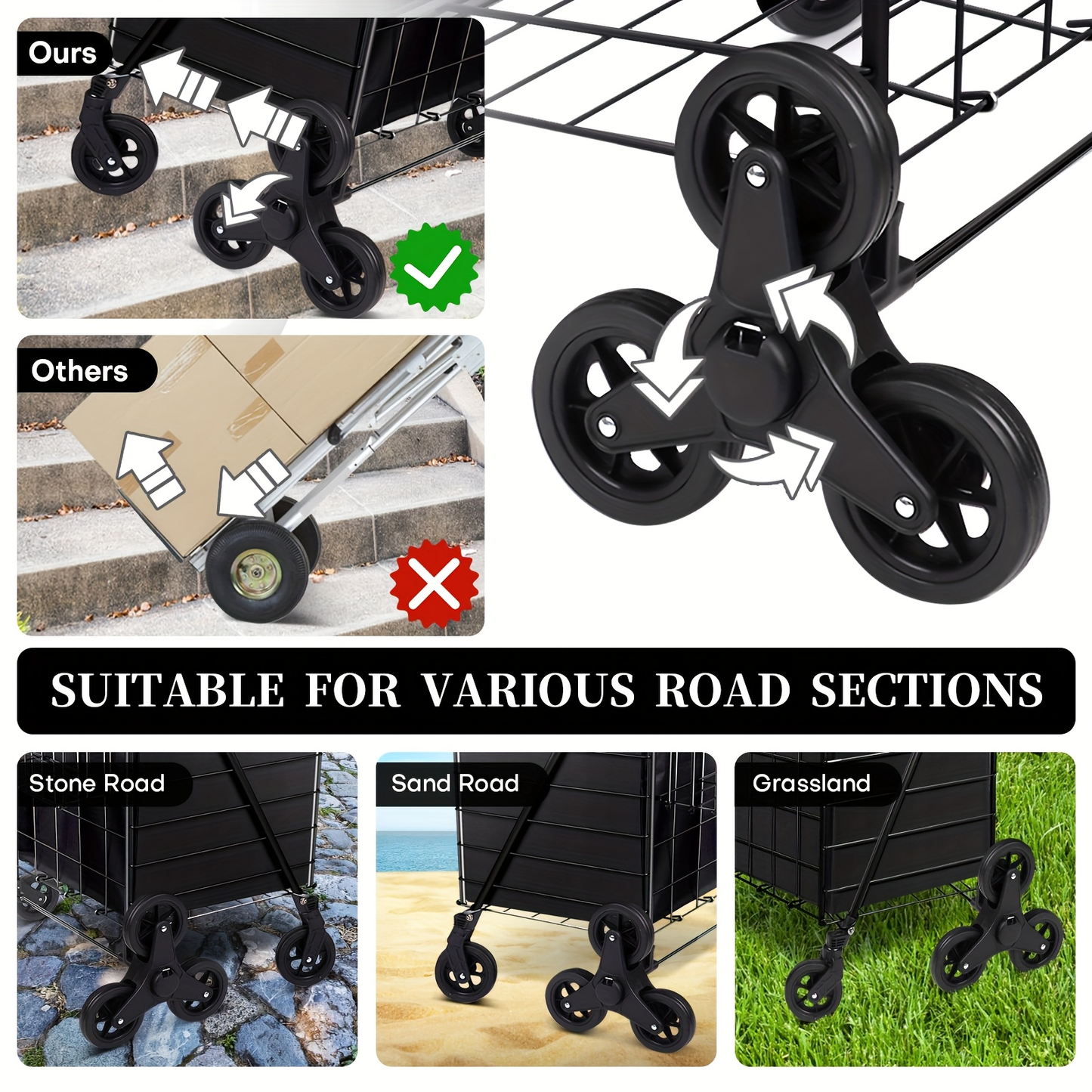 Eight-Wheel Stair-Climbing Utility Cart with Dual Baskets in Exact Black and Silvery Options