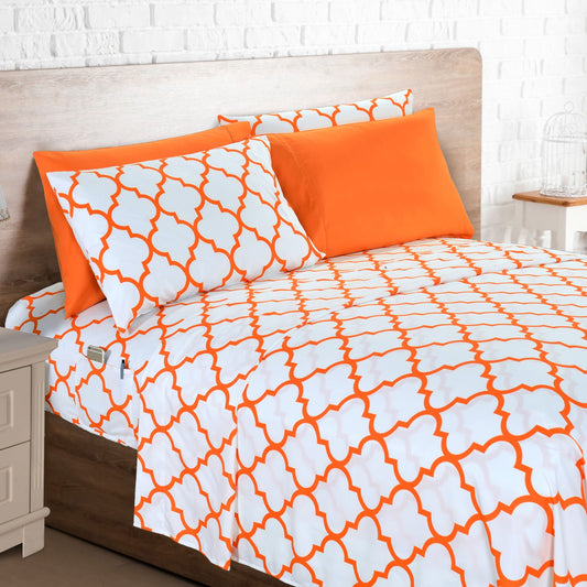 Bed Sheet Set Geometric Trellis Microfiber in Size-Dependent 4- or 6-Piece Configuration with 16-Inch Pocket