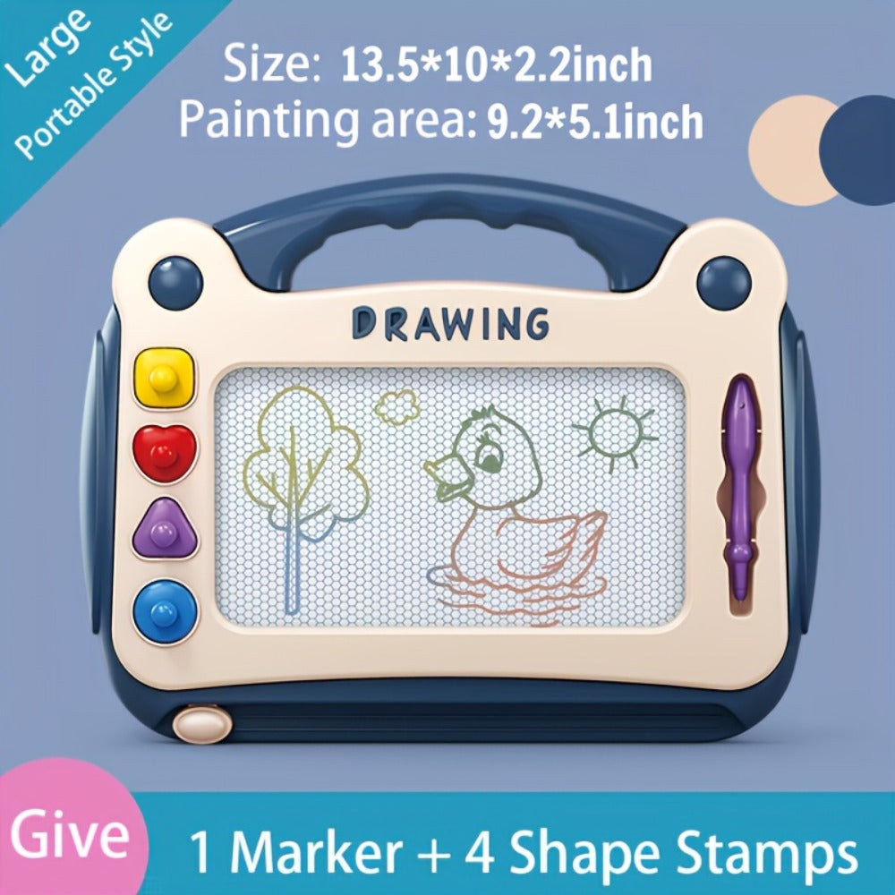 Portable Kids Magnetic Drawing Board with Four Shape Stamps, Tethered Stylus, Carry Handle and Slide Eraser