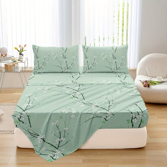Bed Sheet Set 4-Piece Plum Blossom Floral Polyester with 15-Inch Pocket and Four Color Options