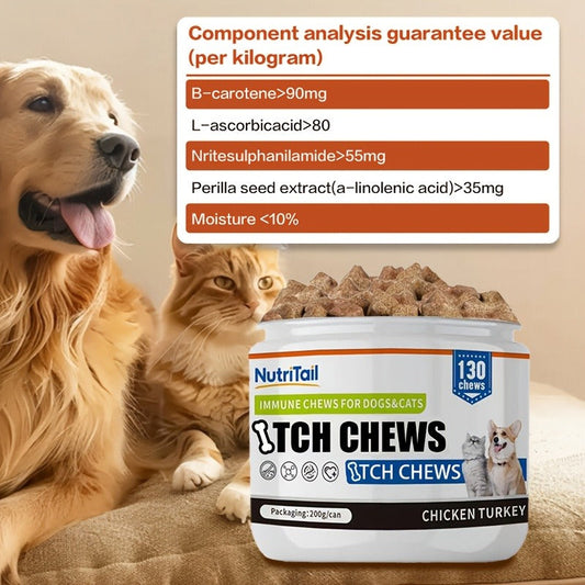 Pet Soft Chews for Skin & Hair, Probiotics & Calming - 200g / 130 Chewable Tablets, Moisturizes Skin, Maintains Coat, Supports Gut Health & Quiet Moments, Suitable for Dogs & Cats All Breeds