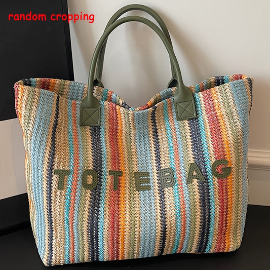 Straw Tote Bag for Women Large Capacity Bohemian Hand-Woven Striped Beach Bag Summer Vacation Shoulder Bag Colorful Letter Pattern