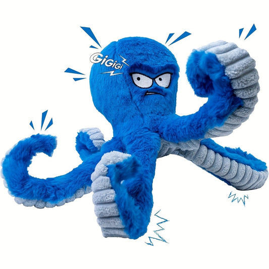 Dog Toy Octopus Plush with Built-In Squeaker and Crinkle Texture in Blue or Yellow with 1, 2 or 4-Pack Options
