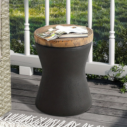 Outdoor Side Table 17in Concrete with Wood-Look Top, Accent End Table for Patio, Garden Stool for Living Room, Bedroom, Backyard Decor, Black & Hourglass Style