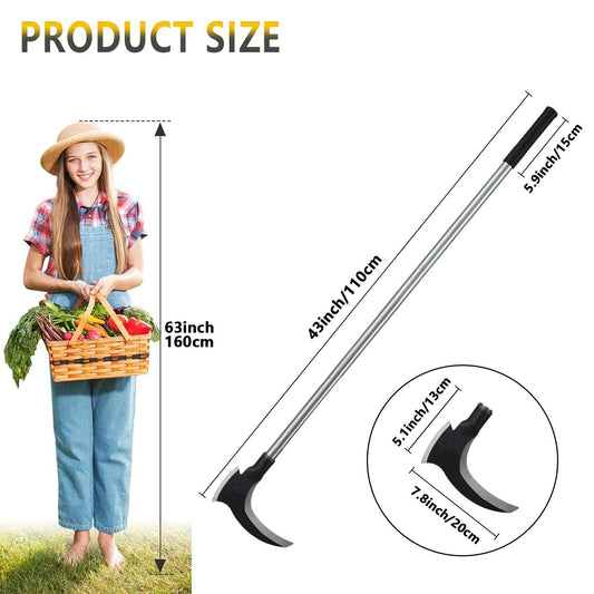 Garden Sickle Double Blade High-Manganese Carbon Steel with 39-Inch Handle, Sharp Curved Weeding Scythe for Grass Cutting, Mowing, Brush Clearing and Agricultural Use