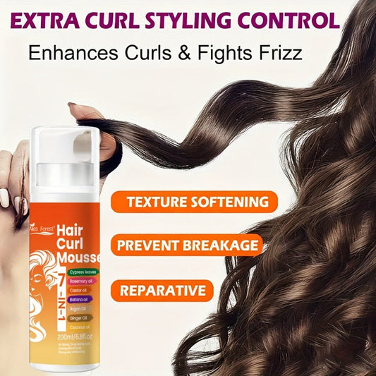 7-in-1 Natural Oil Curl Mousse Long-Lasting Hold Deep Moisturizing Rosemary Castor Coconut Oil — Smoothing Frizz-Free Curl Defining Foam for Wavy Curly Coily Hair Women Men 6.76oz