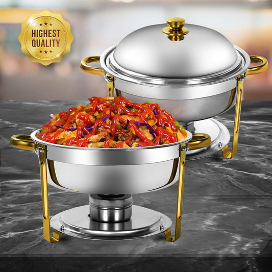 Golden Chafing Dish Buffet Set with Glass Lid 6QT Round Stainless Steel Food Warmer Chafer for Catering Party Dinners Weddings, Titanium Gold Finish, 2 & 4 Pack