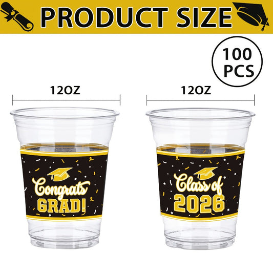 Graduation Plastic Mugs 100 Pack 14oz – 2026 Graduation Party Cups in Black Red Blue Green Purple Maroon for Graduation Ceremony, Reception, Celebration & School Color Party Drinkware Bulk