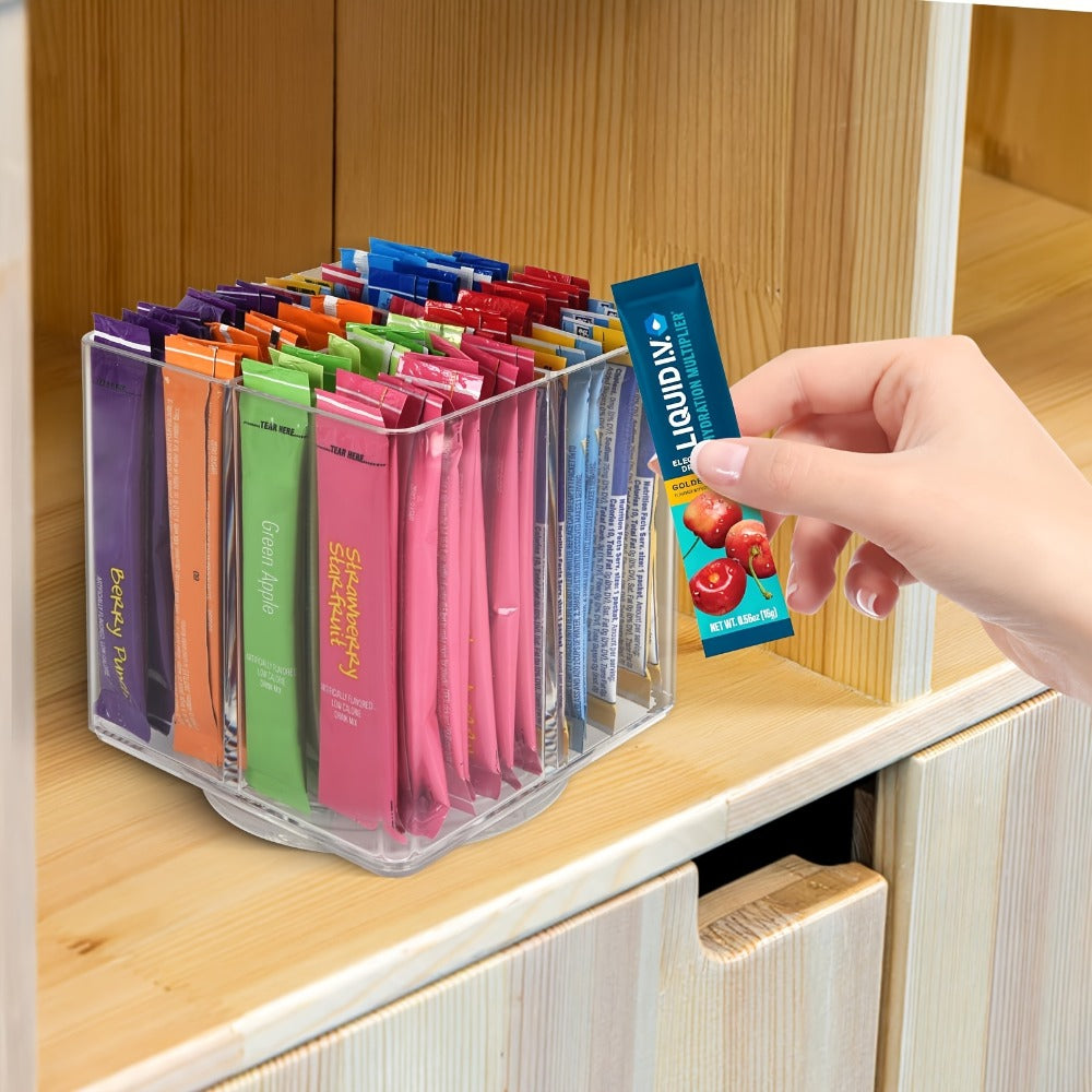 Rotating Drink Packet Kitchen Organizer, 4.5-Inch Square Acrylic Turntable with Divided Compartments