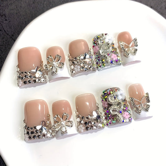 Press On Nails 10-Piece Duckbill Acrylic Set with White French, Floral and AB Shimmer Designs in S, M or L