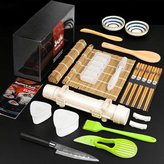 Sushi Making Kit 22-in-1 with Bamboo Rolling Mats Chef Knife Triangle Nigiri Gunkan Molds Chopsticks Beginner Guide – Complete DIY Sushi Set for Home Kitchen Japanese Cooking Gift
