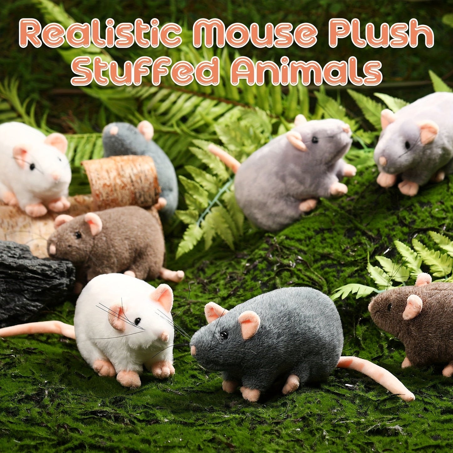 Cat Toy 8-Pack of 7-Inch Plush Mice in White, Gray and Brown with Long Tails and Rounded Bodies