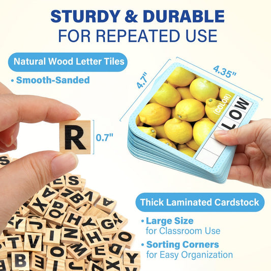 Spelling Flash Card Game for Kids Ages 4-8 — 224 Phonics Sight Word Flashcards, 208 Wood Letter Tiles & Dice, Kindergarten Homeschool ESL Autism Learning Toy, Birthday Christmas Gift