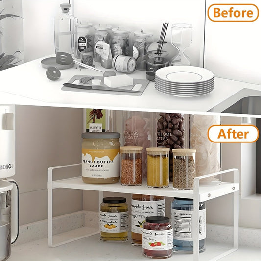 Expandable Cabinet Shelf Organizer Riser – Height Adjustable Retractable Rack with Suction Cup Base for Kitchen Pantry Cupboard Under Sink Countertop, Heavy Duty Metal Space Saver, Stackable Storage