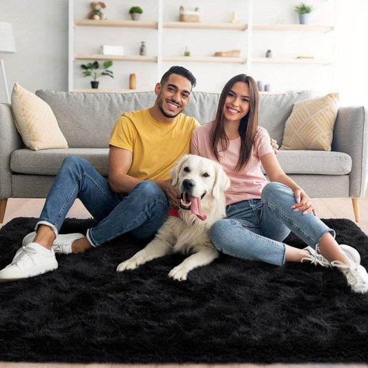 Area Rug, Black Rectangular Shaggy Microfiber Style in 4x6, 5x8, 6x9 or 8x10 Feet with Machine-Wash Care