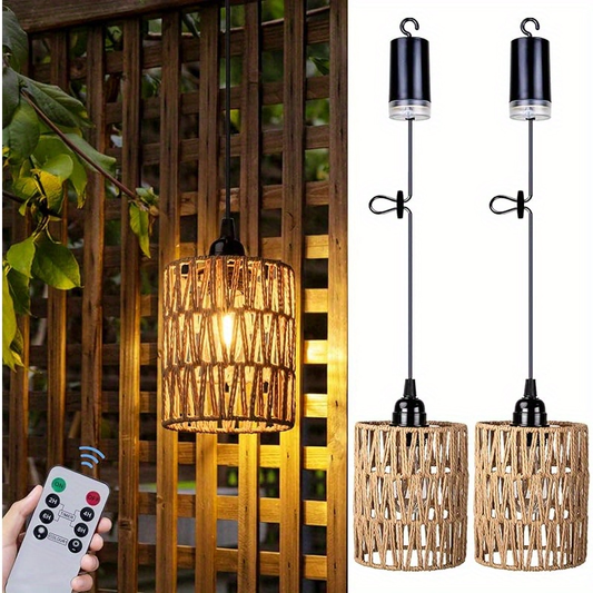 Battery Operated Pendant Light Rattan Boho Chandelier Hanging Light Warm White Bulb Wireless No-Wiring for Gazebo Pergola Porch Patio Outdoor Indoor Decor Set of 2