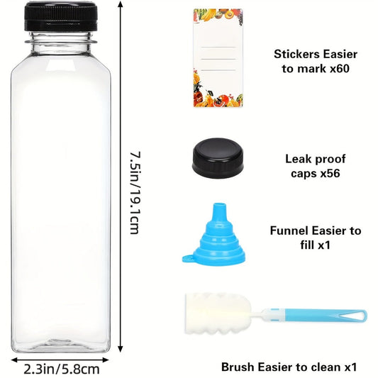 Reusable Juice Bottle Set, Clear Plastic 12oz or 16oz Drink Containers with Lids, Funnel and Cleaning Brush
