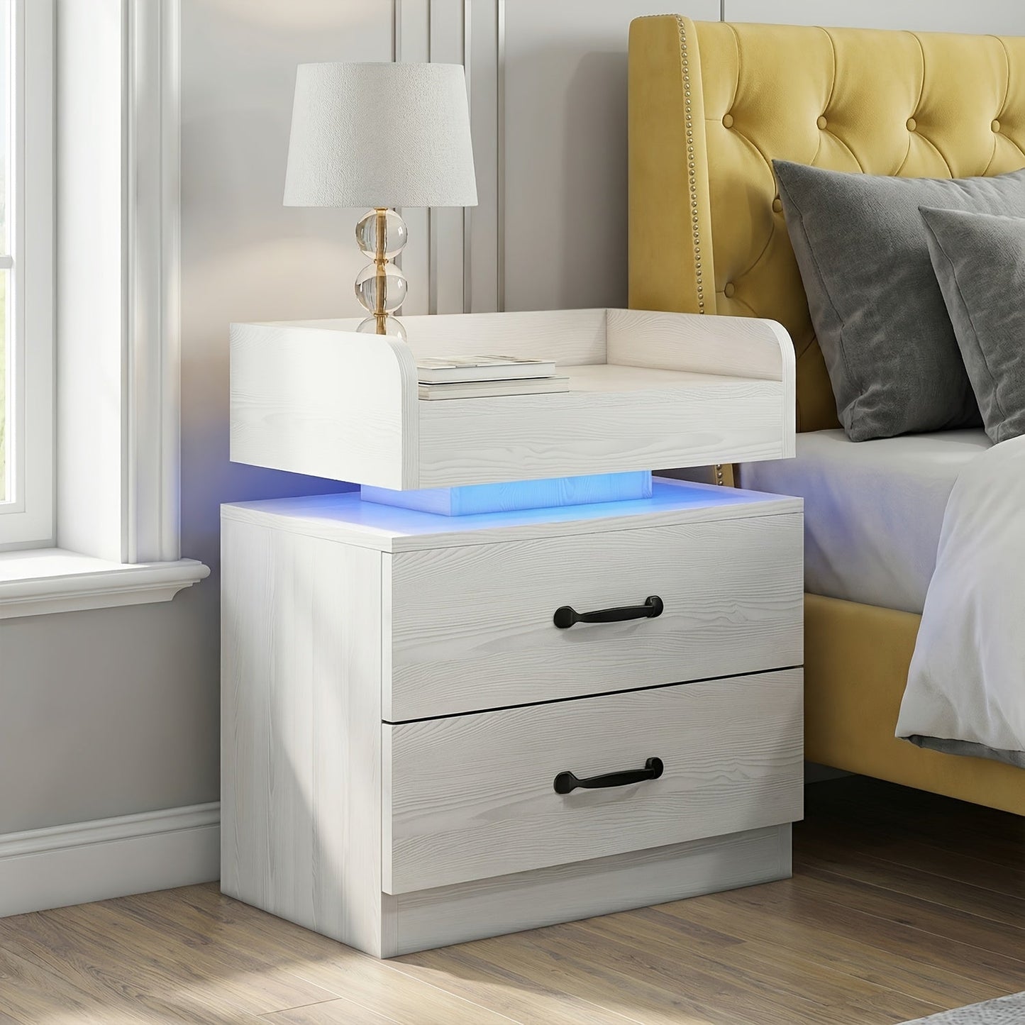 Nightstand Tray-Top Two-Drawer Bedside Table with Charging Station, LED Light and Black or White Finish