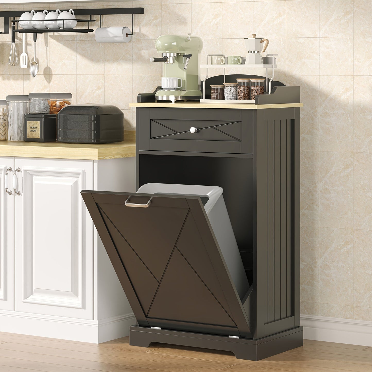 Storage Cabinet 12-Gallon Tilt-Out Trash Bin Enclosure with Top Drawer and Two Color Options