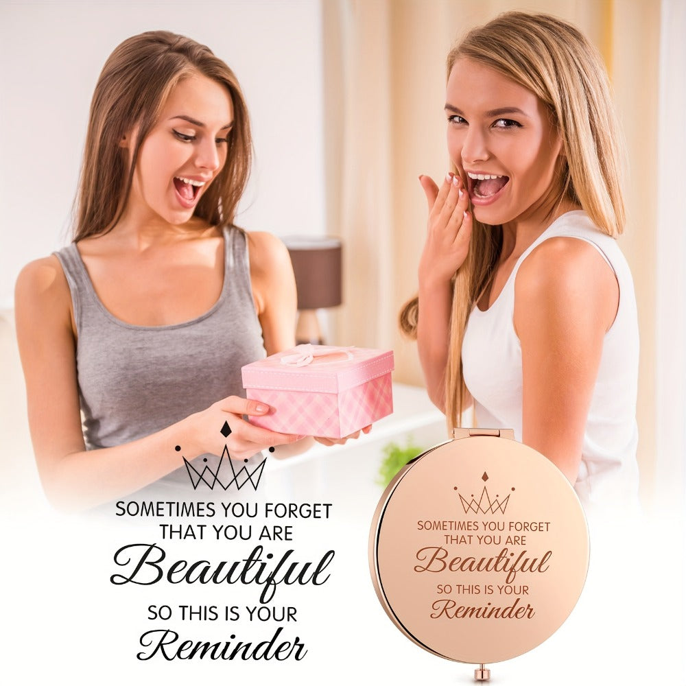 16-Piece Rose-Gold Rhinestone Compact Mirror Set with Engraved Messages and 2X Magnifying View