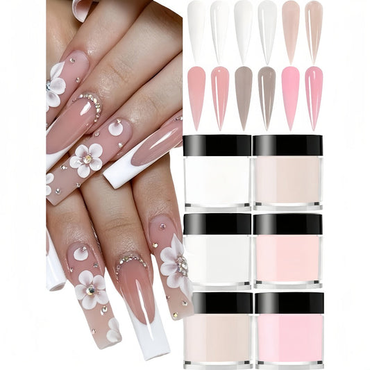 Acrylic Nail Powder Set 6 Colors - Nude Pink White Polymer Powder for 3D Nail Sculptures French Extensions Carving Crystal Professional Nail Art Kit