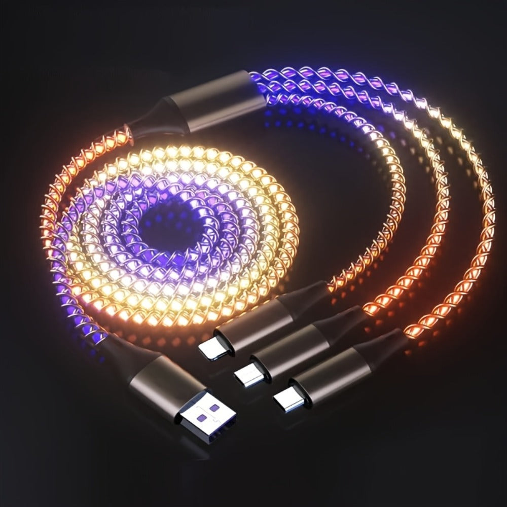 RGB-Lit Braided Charging Cable with USB-A Input and Lightning, USB-C and Micro USB Connector Ends