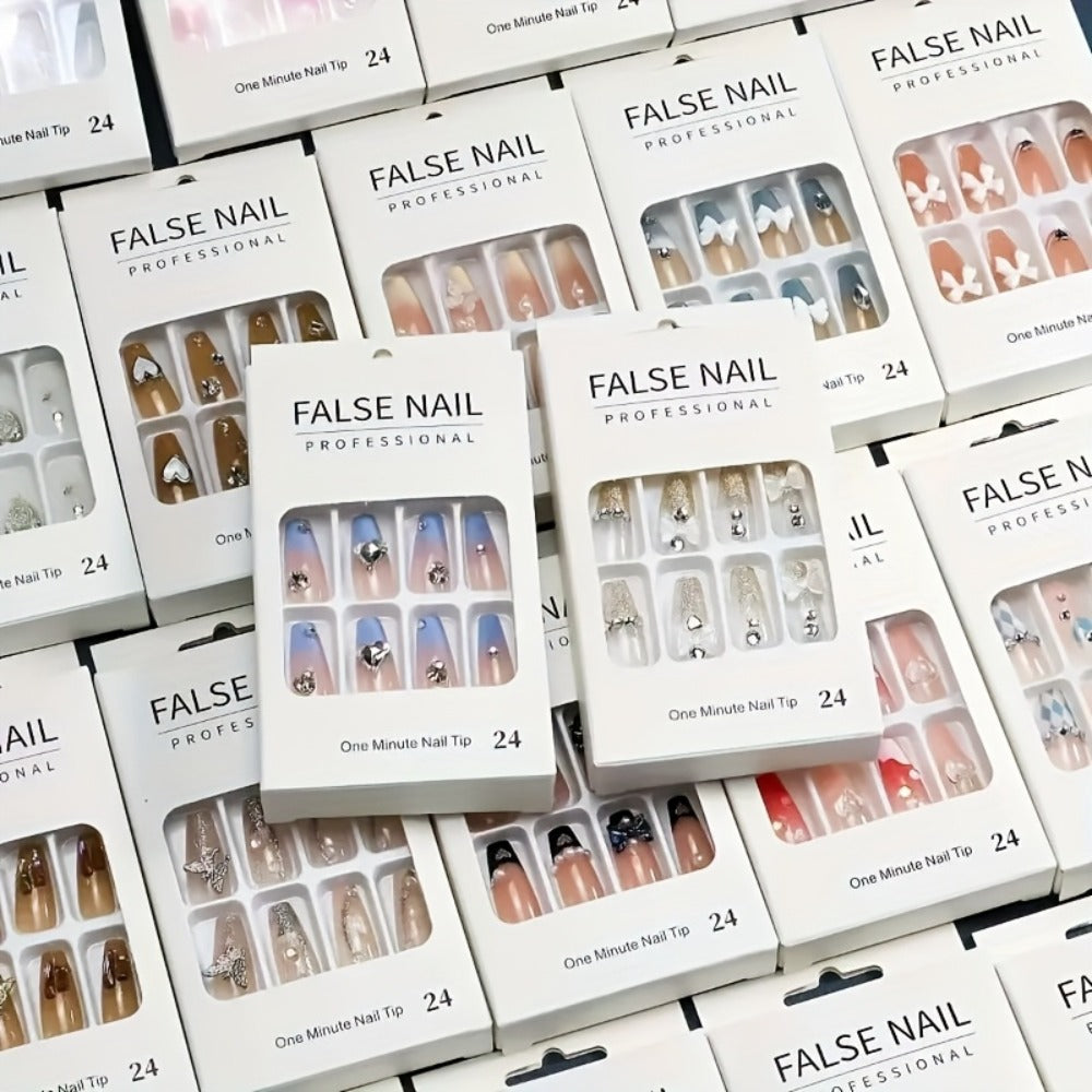 288pcs Press On Nails Mixed Color Square – White French Stripes Brown Blue Purple Gradient Glitter Heart Leaf Matte Reusable Fake Nails | Holiday Manicure Kit for Women | Valentine Christmas Easter