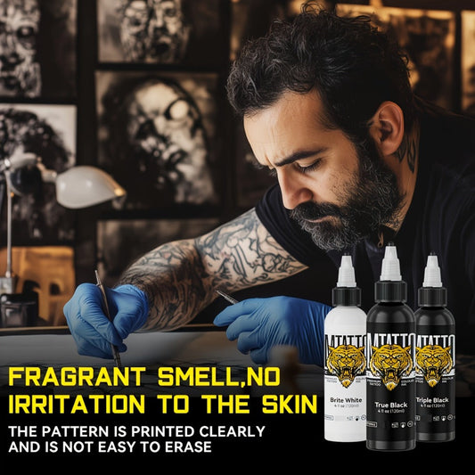 Professional Tattoo Ink 4.06oz Solid Color DM Advanced Formula — Triple Black, True Black, Bright White, Fire Red, Royal Blue, Canary Yellow, Leaf Green, High Pigment for Lining & Shading
