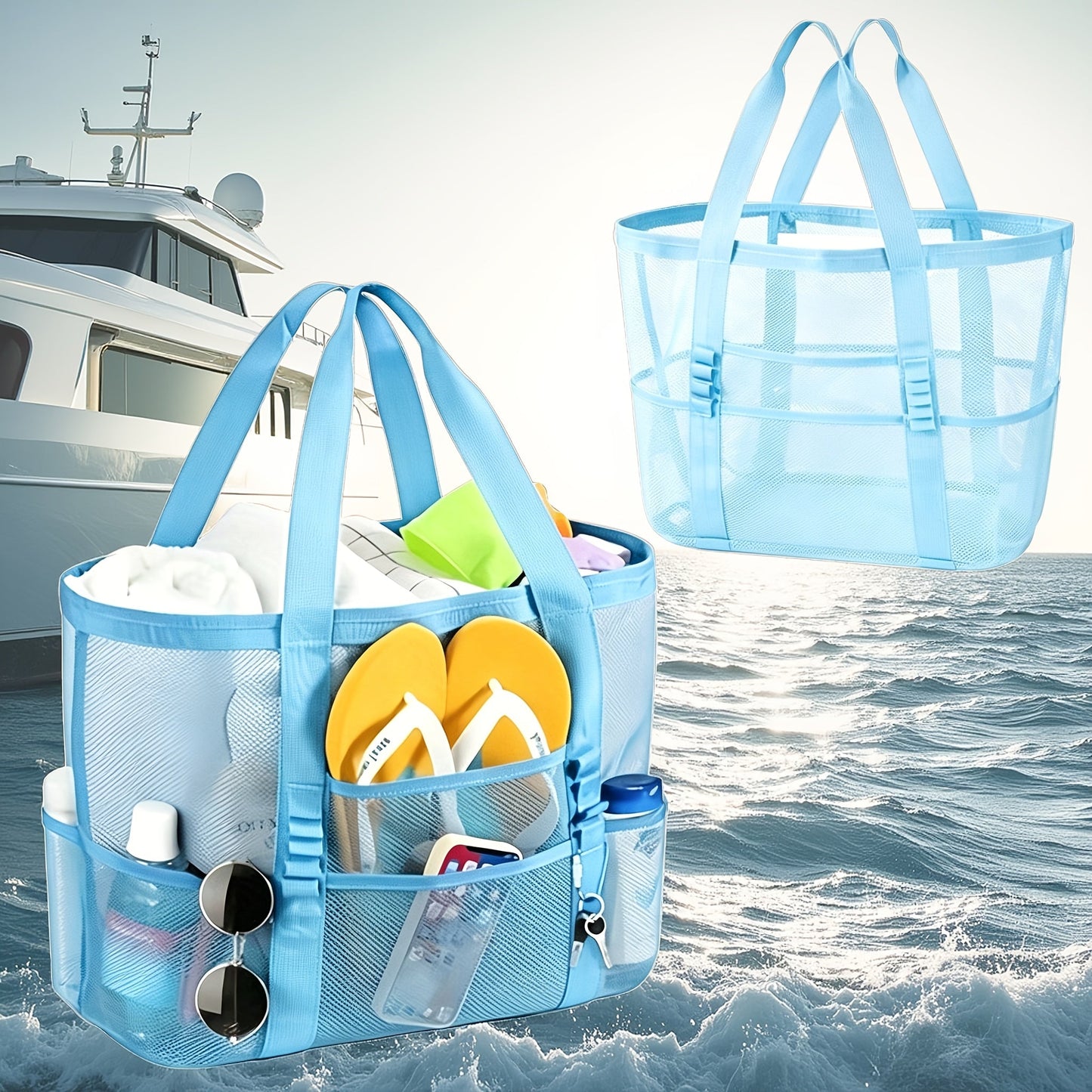 Four-Color Mesh Beach Tote Bag with Open Top, Twin Handles and Multiple Exterior Storage Pockets