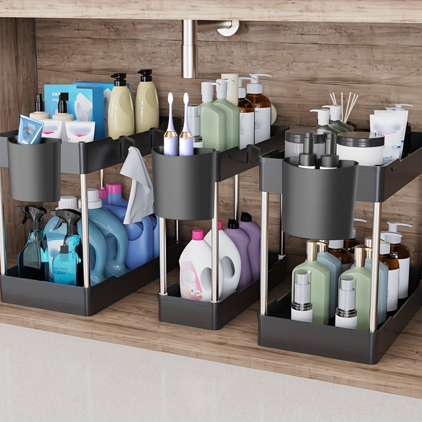 Three-Pack Under-Sink Storage Organizer Set with Two-Tier Racks in Graduated Sizes and Black or White Finish
